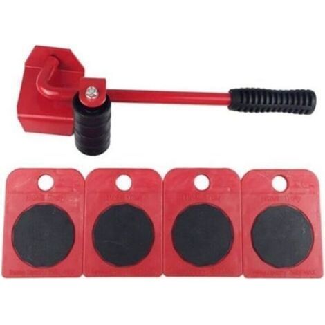pair Roue roulette déménagement de meubles Outil de déplacement Heavy Stuffs Rouleau de déplacement à 4 roues et 1 barre de roue-rouge (1/4)