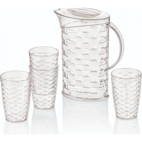 Karaffe 2L mit 4 stapelbaren Gläsern 430 ml aus transparentem Kunststoff