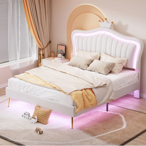 Cama infantil tapizada 140/200 cm blanca de MDF y polipiel con LED y cabecero regulable (1/5)