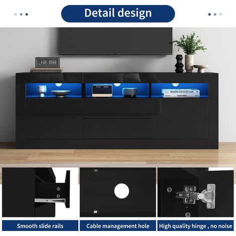 Meuble TV laqué brillant 160x35x60 cm, éclairage LED intégré, 3 niches ouvertes, 2 portes, 2 tiroirs, commande par appli mobile, pour écrans jusqu'à 70 pouces. (1/5)