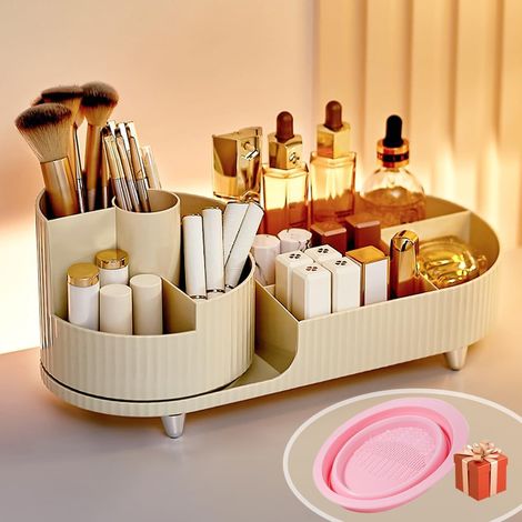 Organizador de cosméticos giratorio de 360° con limpiador de brochas incluido, gran capacidad, bandeja giratoria.