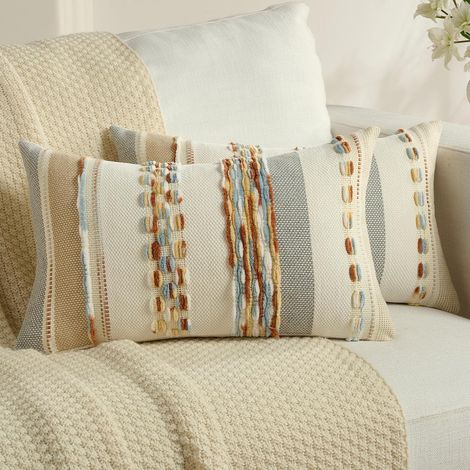 Lot de 2 Boho Housse de Coussin 30x50, Housse de Coussin Décorative à Rayures avec Texture Touffetée Douce, Douillet Taie d'oreiller Moderne pour Canapé Chambre Chaise Lit, Jaune (1/5)
