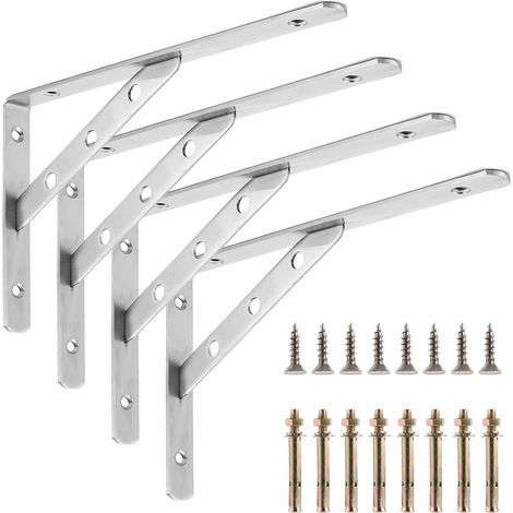 Lot de 4 Équerre de Fixation Inox 250x150 mm - Support Étagère Mural Charge Lourde - Console Robuste en Acier de 3 mm d'Épaisseur avec Vis pour Établi, Garage et Cuisine (1/5)