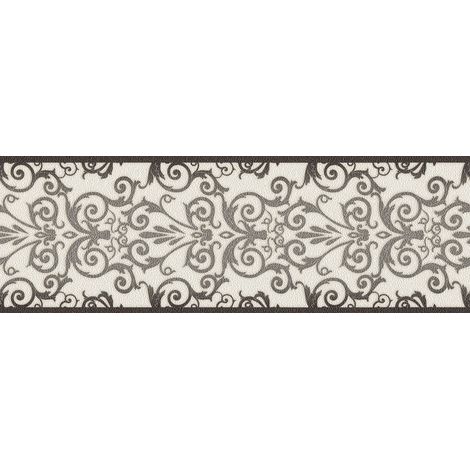 Frise papier peint noire et blanche | Frise tapisserie baroque pour couloir | Frise murale chic de designer pour chambre adulte - 5,00 x 0,17 m