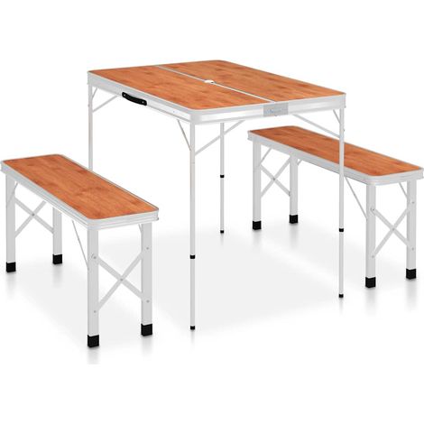 Table de camping pliable avec 2 bancs Table de Jardin - Aluminium Marron BV832641 - BonneVie (1/5)