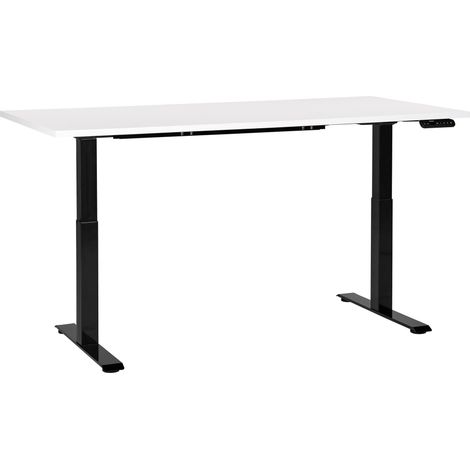 Escritorio de altura regulable eléctrico oficina moderna patas cuadradas 160 x 72 cm tablero blanco soporte de acero negro DESTINES