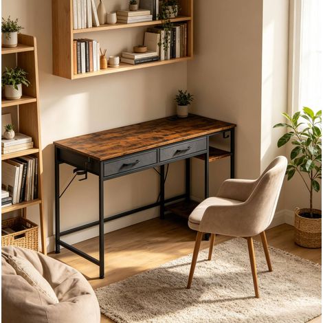 Bureau en bois d’ingénierie et métal 120 cm brun rustique avec 2 tiroirs en tissu et station de charge (1/5)