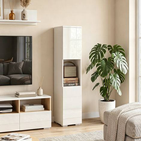 Étagère multimédia mobile étroite 5 niveaux réglables, blanc, meuble de rangement compact à roulettes (1/5)