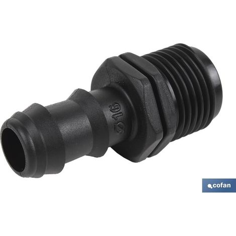 COFAN enlace mixto ø16mm-1/2 caja 100 unid. , Conector de empalme mixto con rosca para mangueras especial para riego por goteo o aspersión. Su uso está recomendado para jardinerí