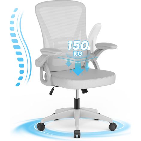 Sedia Ufficio Ergonomica in Rete, Braccioli Pieghevoli, con Supporto Lombare, Reclinabile Altezza Regolabile, Sedia Girevole Alta Direzionale, Grigio