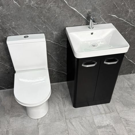 Black Vanity Unit Bathroom Suite 500mm with Open Back Toilet Chrome Handles, Without Tap & Waste