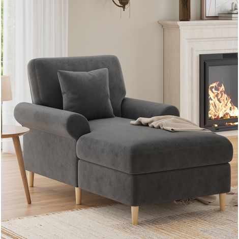 Poltrona relax 133x87x90 cm grigio in velluto con funzione chaise longue e cuscino lombare (1/5)