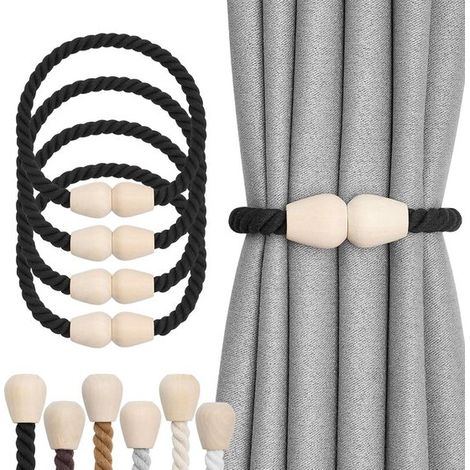 Ganci per tende - Tessuto in cotone e legno - Decorazione per finestre - Stile bohémien tessuto a mano - Set da 4 pezzi - Nero (1/2)