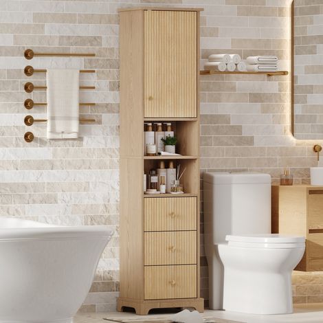 Armoire de salle de bain 40x30x172 cm coloris naturel en MDF avec 3 tiroirs, étagères ouvertes et rangement réglable (1/5)