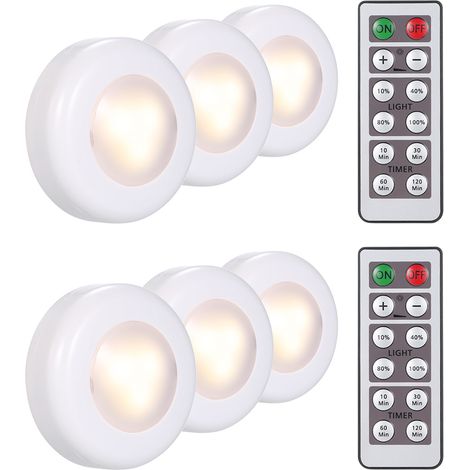 Lot de 6 lampes LED rondes à placer sous un meuble, avec télécommande, luminosité réglable, variateur et minuterie, idéales pour les placards, les armoires et la cuisine. (1/2)