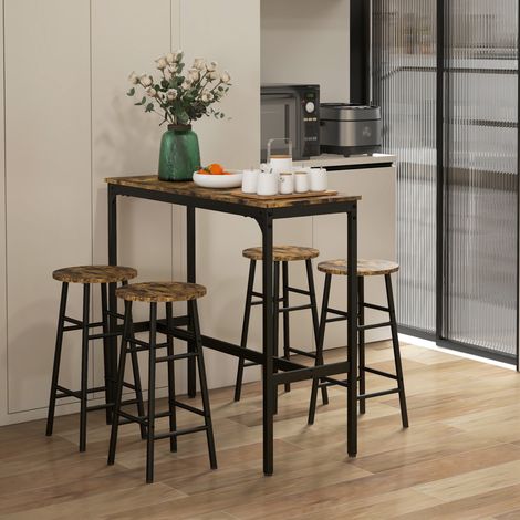 Rechteckiges 4-Sitzer-Set mit Tisch und Stühlen, 4 Fußhocker aus MDF und Stahl, Fußhocker Ø 30 x 60 cm und rechteckiger Tisch 105 x 40 x 90 cm, Schwarz und Braun