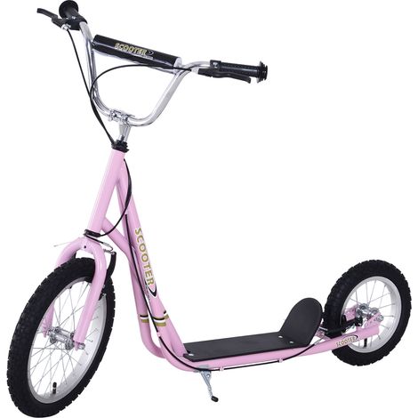 Patinete infantil para mayores de 5 años. Ruedas grandes, manillar ajustable, puños, frenos y caballete. Acero rosa.