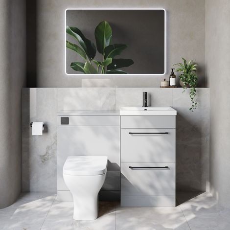 Napoli 390 Cento Gloss Grey Pearl 1100mm 2 Drawer Vanity Unit Toilet Suite with Glide Basin - 1100mm - Matt Black 320mm HandleWith Kingston Toilet Pan and Seat