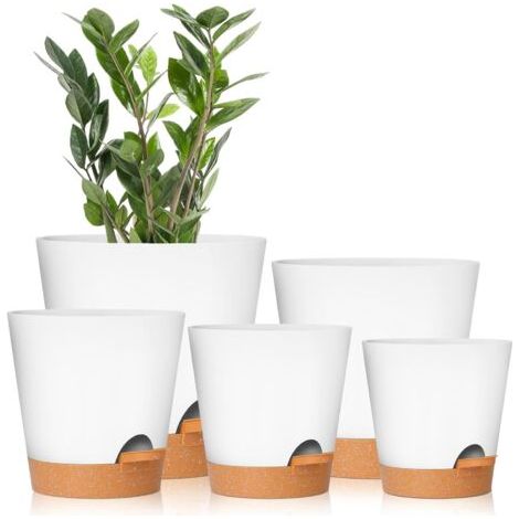 QORVA-Ensemble de 5 pots de fleurs blancs à arrosage automatique de 7/6,5/6/5,5/5 pouces avec trous de drainage, pots de fleurs en plastique, adaptés à toutes les plantes d'intérieur (1/5)