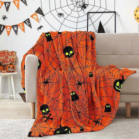 Couverture d'Halloween (228 x 228 cm - Queen US) pour canapé ou lit, motif citrouille et fantôme, idéale comme cadeau d'automne ou de Thanksgiving. (1/4)