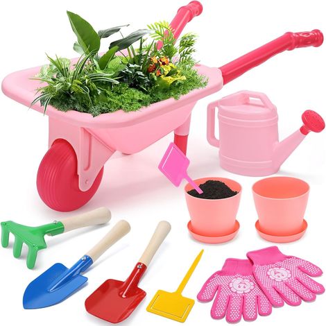 Cute Stone Ensemble d'outils de Jardinage pour Enfants, brouette Rose avec arrosoir, Gants, râteau, Pelle, truelle, Jouets de Jardinage pour Enfants (garçons et Filles) dès 3 Ans (1/5)