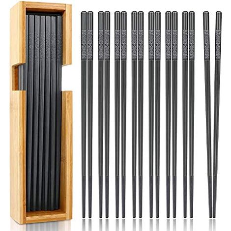 Baguettes Réutilisables en Fibre de Verre - 10 Paires avec Boîte de Rangement en Bambou - Couverts Légers Chinois et Japonais - Motif Fleurs de Cerisier (1/5)