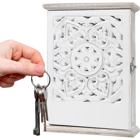 Armoire À Clés 6 Crochets, Armoire À Clés En Bois Avec Cavité Géométrique, Boîte À Clefs Murale En Bois, Style Maison De Campagne, Placard Murale Pour Rangement Pour Entrée, Couloir, Bureau - 20x7cm