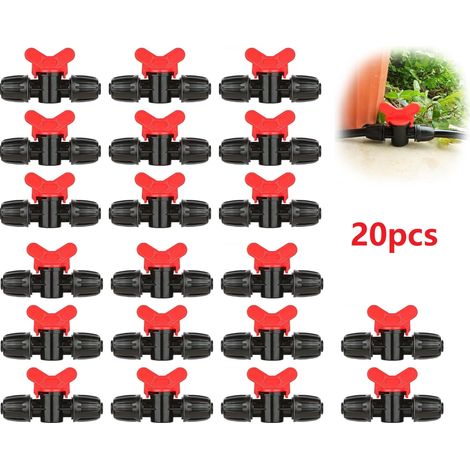 Lot de 20 vannes goutte-à-goutte en PE de 16 mm avec raccord de verrouillage à ardillon Vannes de Connexion pour Tuyau, pour Jardin, Agriculture et Serres- Active/désactive le débit d'eau