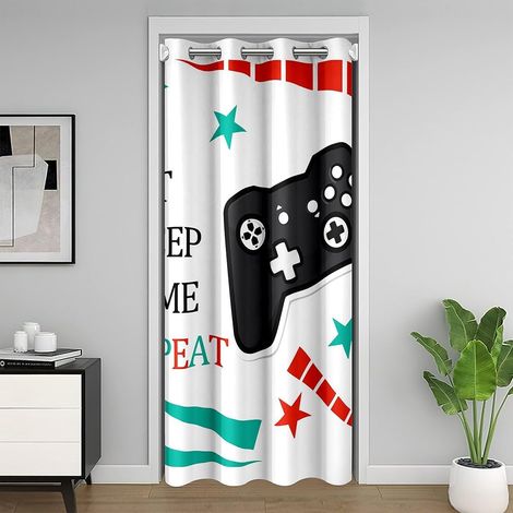Jeux thème Rideau de Porte 150x203cm Manger et Dormir Jeux Impression répétée Rideau Occultant Rideaux Jeux Vidéo Rideaux Interieur Salon Chambre Gamepad Enfants Filles Microfibre - 150L X 203H cm (1 (1/5)