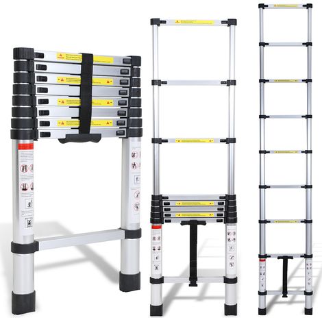Randaco Escalera telescópica Escalera extensible ligera de aluminio, escalera inclinada antideslizante, 3,2 m, escalera extensible plateada