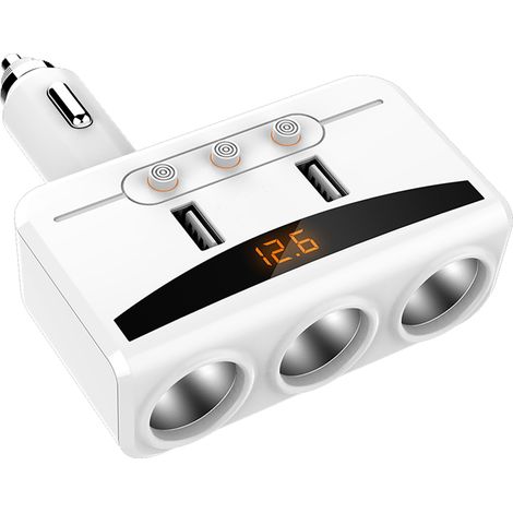 Adaptateur Chargeur Voiture - Multiprise Allume-Cigarette 3 Prises - 2 Ports USB - Affichage Tension Batterie 12 V / 24 V - 80 W - 1 Pièce (1/5)