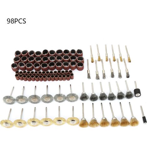 Ortviai Lot de 98 pièces : brosses à polir en laiton et acier, disques abrasifs, accessoires pour outils électriques (1/5)