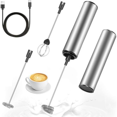 Mousseur à Lait Électrique, Mousseur de Lait Rechargeable USB et Mini Batteur avec Dual Fouet Tête, Mélangeur Acier Inoxydable pour Café Crème Cappuccino Latte Cocktails Jus，OUYLAF (1/5)