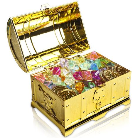 Coffre au trésor pour anniversaire d'enfant - Avec 20 pièces d'or pirate et 100 pierres précieuses - Verrouillable - Avec couvercle et serrure - Pour anniversaire d'enfant (1/5)