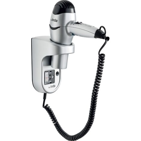 Inda - Haartrockner mit Sicherheitsthermostat und Steckdose silber/schwarz