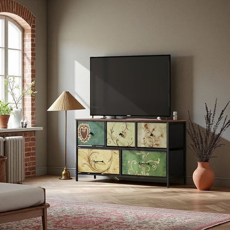 Schlafzimmerkommode, 5 Schubladen, verstellbare Füße, florales Muster, retro künstlerischer Stil, 100 x 30 x 55 cm, mehrfarbig