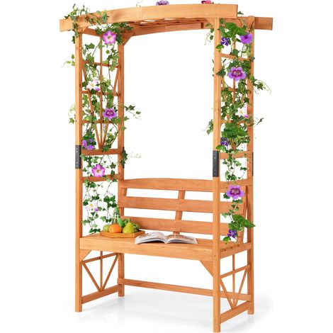 COSTWAY Patio Garden Arbor Garden Archway Wooden Outdoor Bench w/ Pergola