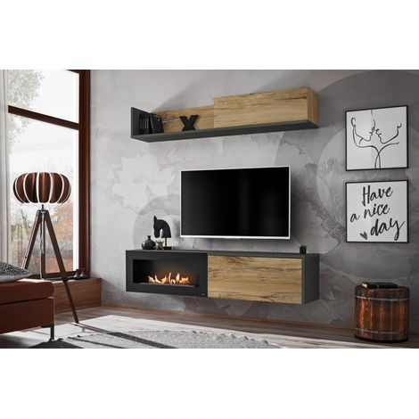 Ensemble de 2 meubles muraux "Dallas" avec cheminée - Gris/Beige - L 180 x H 180 x P 40 cm - Livraison gratuite (1/3)
