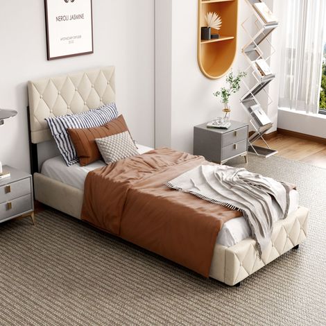 Cama con canapé 90 x 200 cm, cabecero grueso, almacenamiento hidráulico, somier de lamas - Terciopelo - beige (1/5)