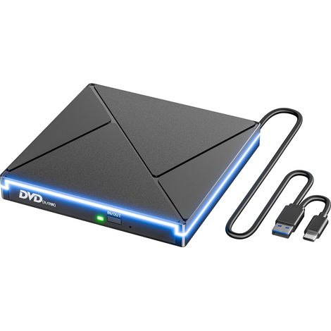 Lecteur CD/DVD Externe pour PC, USB 3.0 et USB-C Graveur DVD Externe avec RGB, Portable CD/DVD -/+RW Drive, Mince DVD Player Transmission Rapide Câble USB Intégrée pour Windows/MacOS/Laptop/Desktops (1/5)