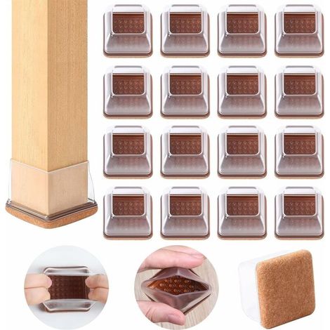 Set of 16 square silicone floor pads, transparent, felt-lined, no scratches or noise