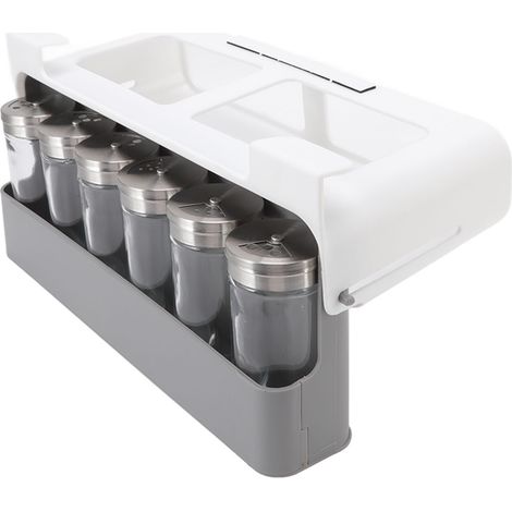 Étagère à épices sous plan de travail avec 6 compartiments coulissants pour flacons d'assaisonnement, sans perçage, pouvant contenir 7 pots d'épices.