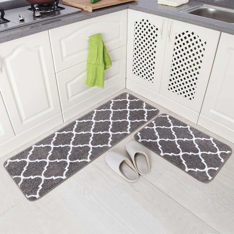 Tapis Cuisine Antidérapant Lavable en Machine Tapis de Bain Motif Marocain Paillasson Tapis de Sol Cuisine,43X61+43X122cm, (Gris,2pcs) (1/5)