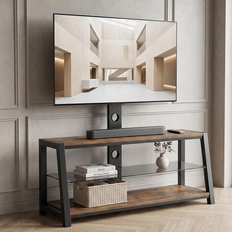 Meuble TV en bois avec plateau en verre trempé noir, support TV réglable en hauteur, centre multimédia pivotant multidirectionnel avec fixation murale, marron - H 125/L 116/P 42 cm