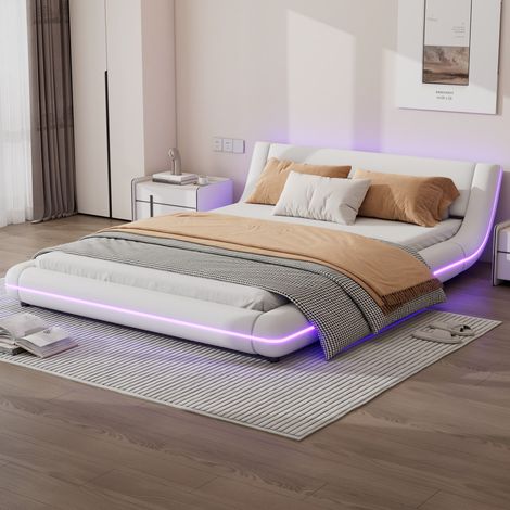 Lit double plat 140x200 cm blanc lit de sol PU avec éclairage LED ambiance sans sommier (sans Matelas) (1/5)