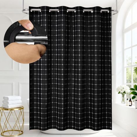 Rideau de douche sans crochets, à carreaux, en polyester et lin, revêtement imperméable, style maison de campagne, rustique, shabby chic, neutre, 182 x 190 cm (1/5)