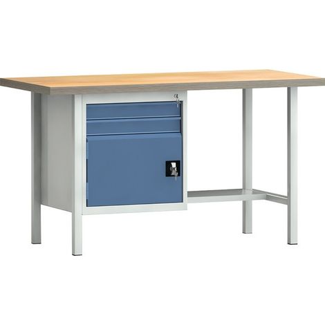 Banco da lavoro PW 700 L. 1500xP700xH840 mm faggio Multiplex grigio chiaro, RAL 7035 blu lucido, RAL 5007 2 cassetti 1 anta
