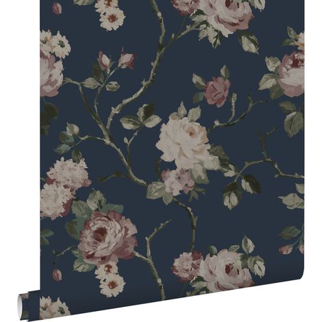 Papier peint à motif fleurs vintage bleu foncé et vieux rose – Dimensions 53cm x 10,05m – Écologique et facile à poser – Estahome