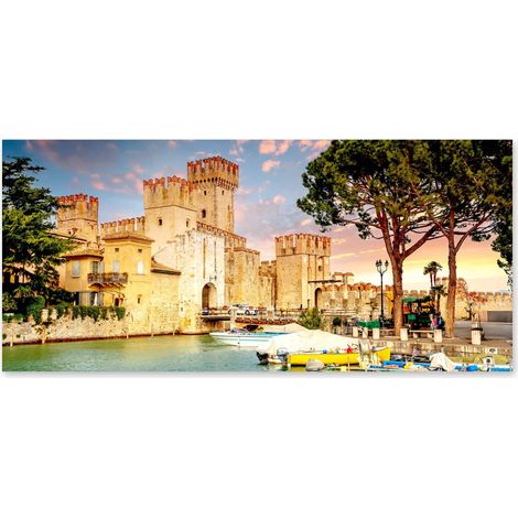 Lupia - Quadro moderno su Tela Canvas DEEP 65X143 cm, con paesaggi e localismi italiani, per casa, soggiorno, capezzale camera da letto, hotel, ufficio, BRESCIA - CASTELLO DI SIRMIONE (1/4)