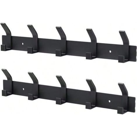 Lot de 2 crochets muraux avec 5 crochets - Métal - Chambre à coucher, salle de bain, cuisine, vestiaire - Noir (1/5)